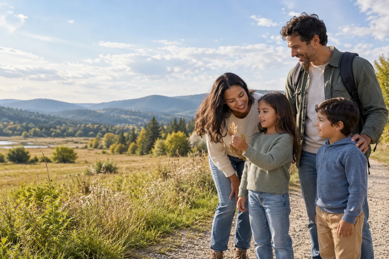 AI-created illustrative photograph of parents and children discovering nature together outdoors.